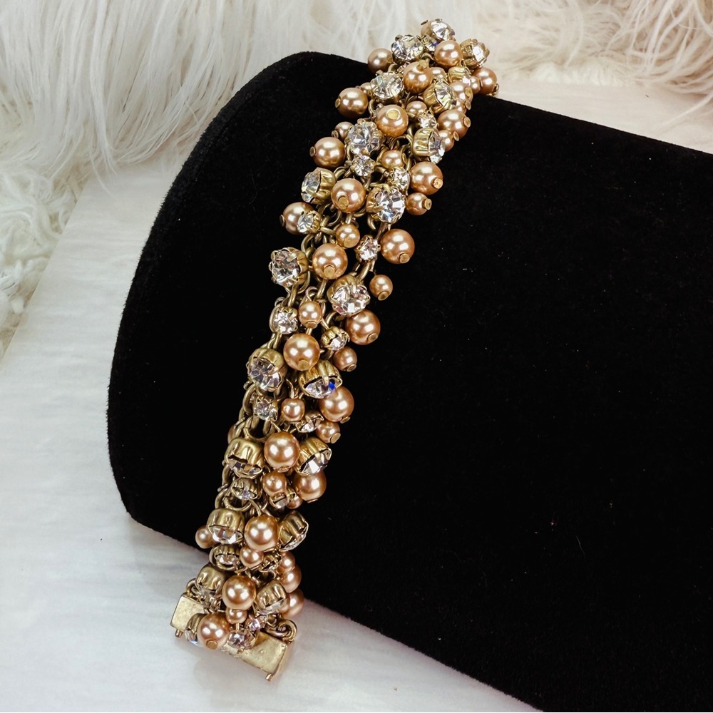 Gorgeous aged goldtone, wide band, clear bling, magnetic closure bracelet